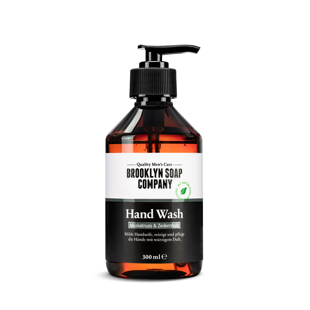  Handseife von der Brooklyn Soap Company mit Muskatnuss- und Zedernholzduft – milde Reinigung für gepflegte Männerhände.