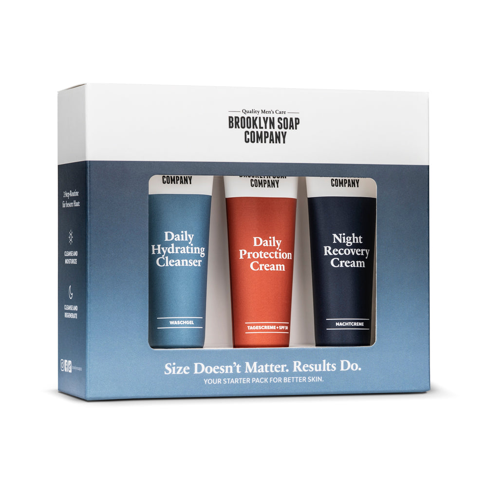Brooklyn Soap Company Minituben-Probierset mit Cleanser, Tages- und Nachtcreme für eine vollständige Hautpflege-Routine.