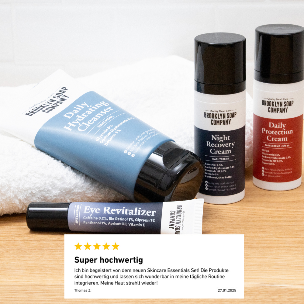 Brooklyn Soap Company Skincare Essentials Set mit Daily Hydrating Cleanser, Night Recovery Cream, Daily Protection Cream und Eye Revitalizer. Hochwertige Gesichtspflege für Männer mit positiver Erfahrungen zur Wirksamkeit von Kunden [DE] [AT]