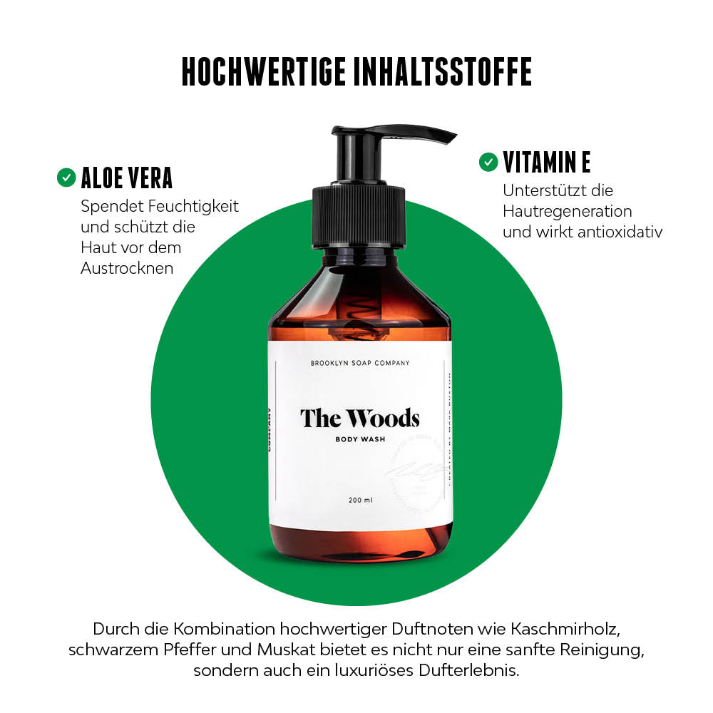 The Woods Body Wash von der Brooklyn Soap Company mit Aloe Vera und Vitamin E – spendet Feuchtigkeit, schützt vor dem Austrocknen und überzeugt durch luxuriöse Duftnoten wie Kaschmirholz, schwarzer Pfeffer und Muskat.