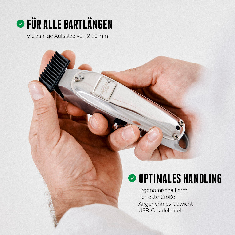 Der Brooklyn Blade Barttrimmer eignet sich für alle Bartlängen, liegt gut in der Hand und hat ein USB-C Ladeanschluss für optimales Handling.  [AT][DE]