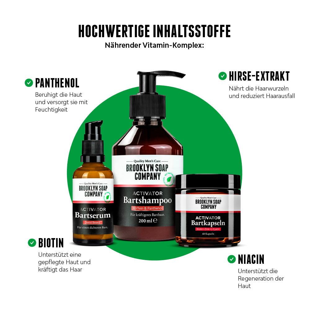 Das Activator Beard Bundle Pro stärkt das Bartwachstum von außen und innen mit hochwertigen Inhaltsstoffen wie Panthenol, Bioton, Niacin und Hirse-Extrakt. //*