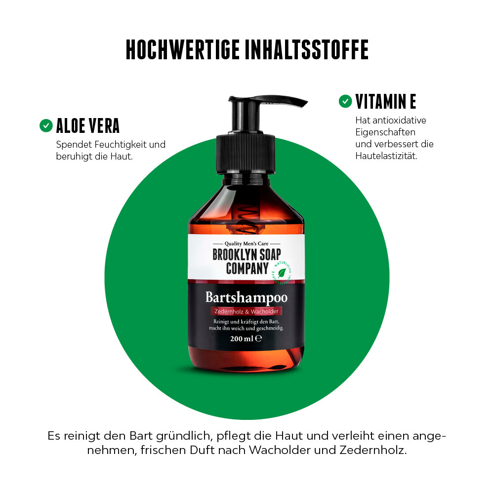 Das Bartshampoo enthält hochwertige, natürliche Inhaltsstoffe und ist dank Aloe Vera und Vitamin E besonders gut und pflegend. Es hat einen besonders angenehmen Duft nach Wacholder und Zedernholz. //*