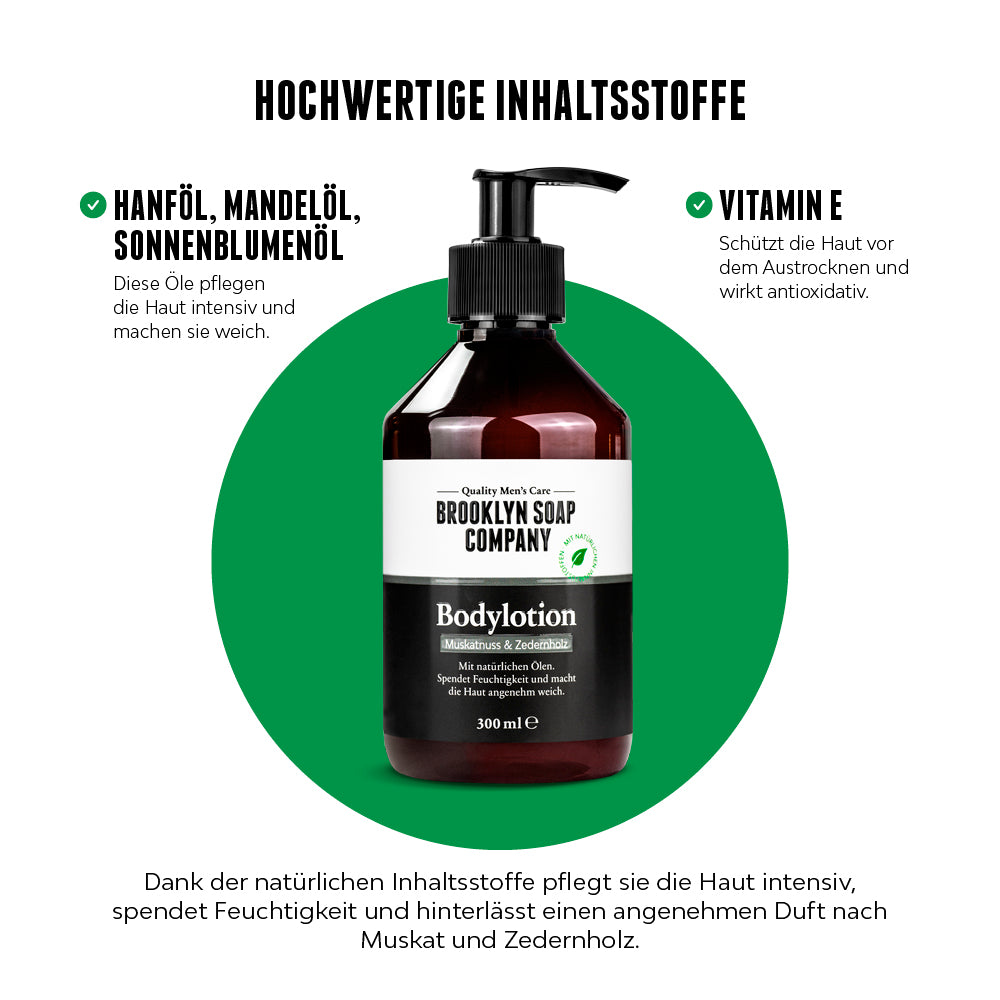Bodylotion von der Brooklyn Soap Company mit Hanf-, Mandel- und Sonnenblumenöl sowie Vitamin E – spendet Feuchtigkeit, schützt die Haut und duftet angenehm nach Muskatnuss und Zedernholz.//*