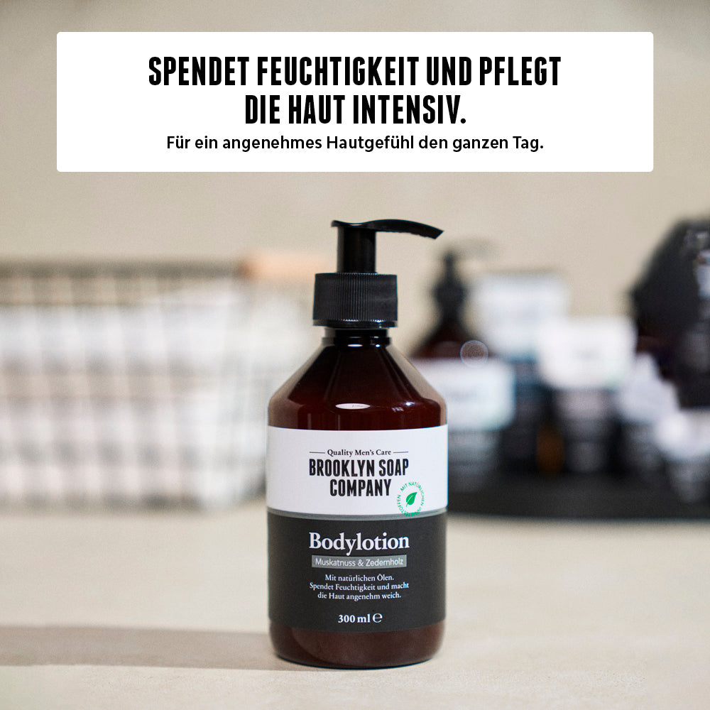 Bodylotion für Männer von der Brooklyn Soap Company mit Muskatnuss- und Zedernholzduft – spendet intensive Feuchtigkeit und sorgt für ein gepflegtes Hautgefühl.//*