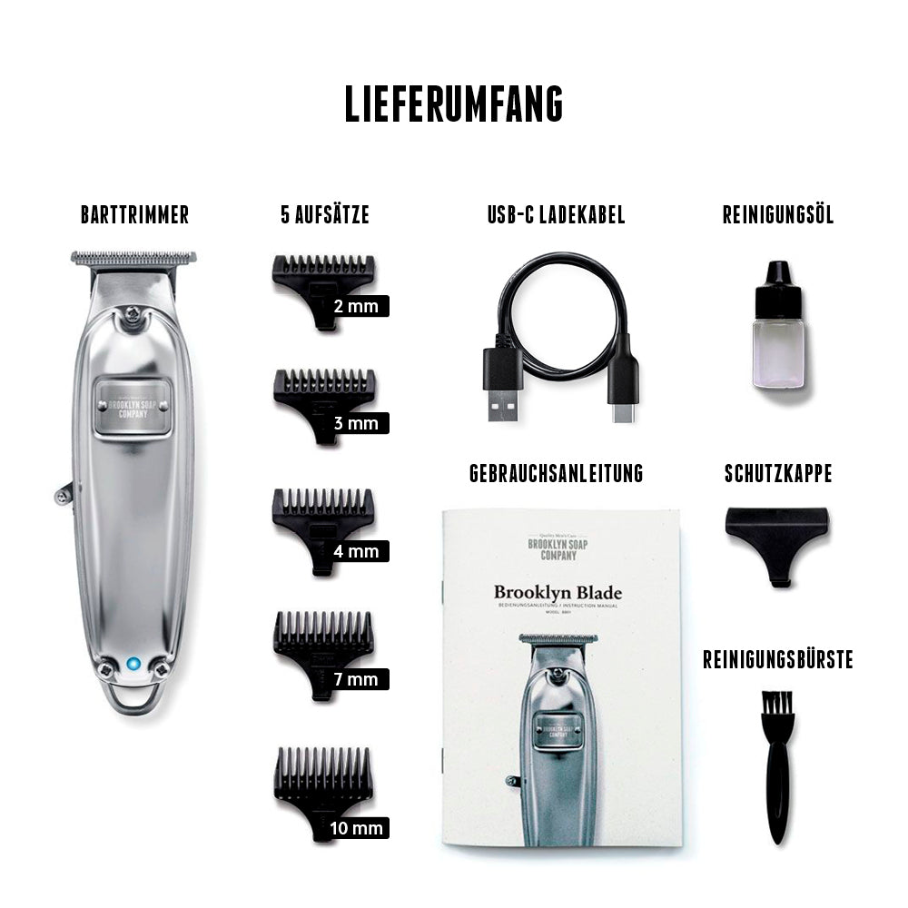 Lieferumfang Barttrimmer mit Aufsätzen, Reinigungsöl, Schutzkappe und Ladekabel für vielseitiges Styling//*