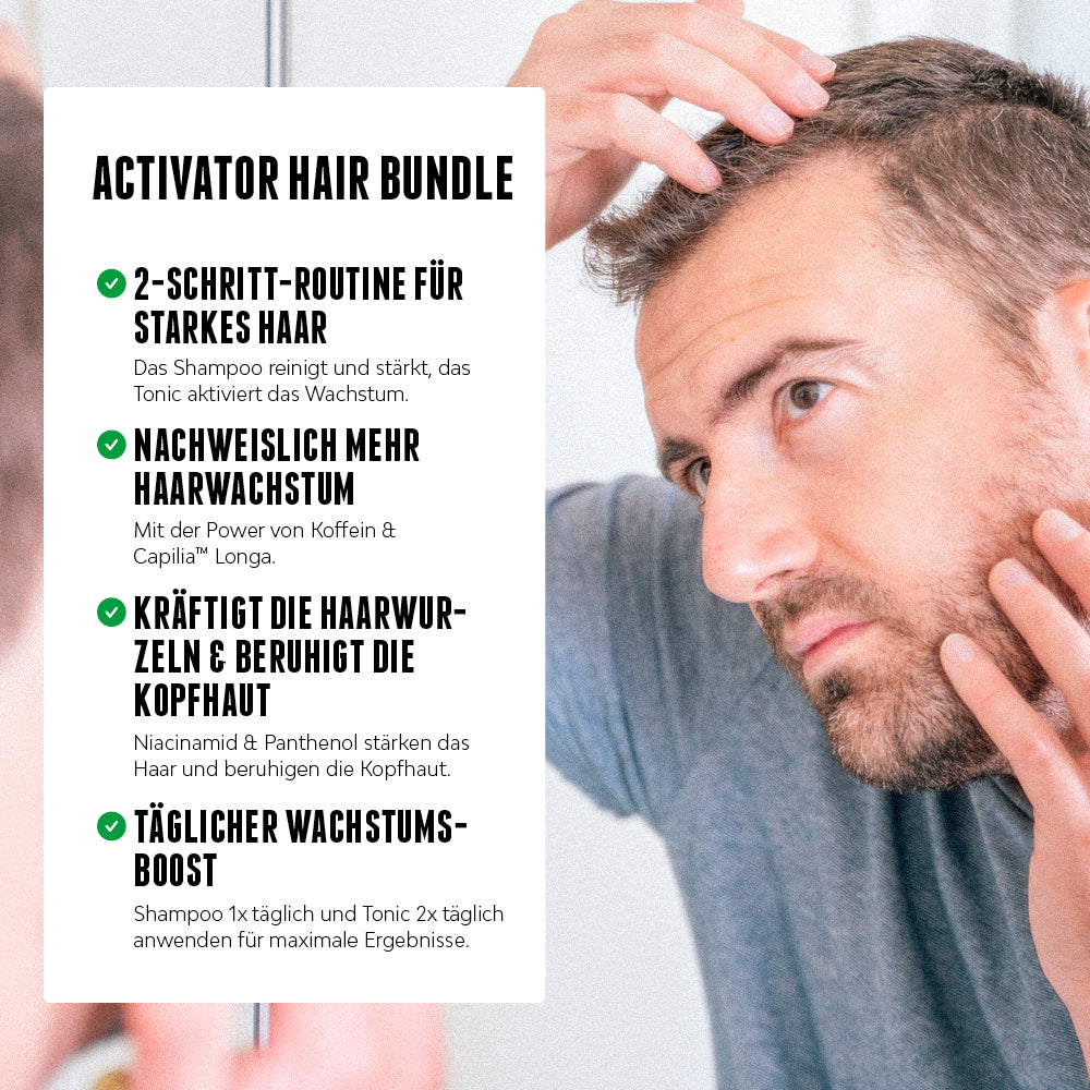 Das Activator Hair Bundle sorgt für nachweislich mehr Haarwachstum, kräftigt die Haarwurzel, beruhigt die Kopfhaut und stoppt übermäßigen Haarausfall in nur 2 Schritten. //*