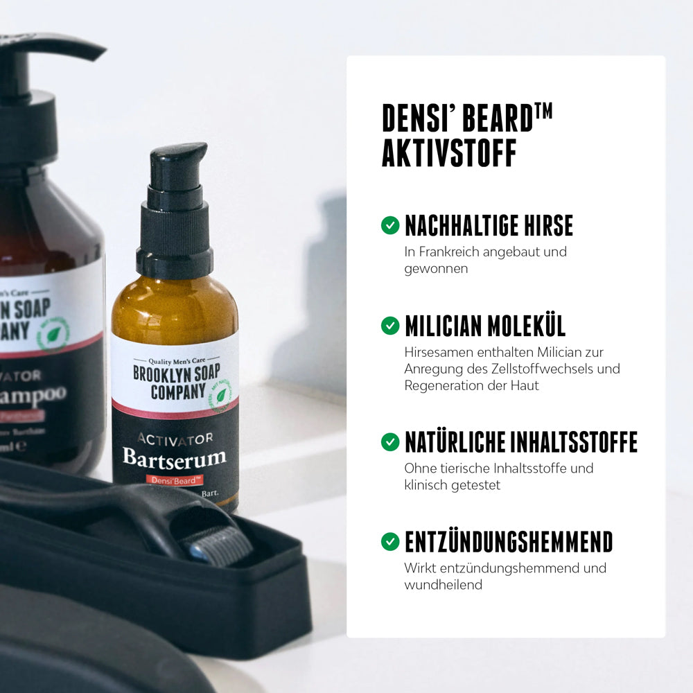 Brooklyn Soap Company Activator Bartserum in brauner Flasche mit Pumpspender; daneben Infotafel zu DENSI’ BEARD™-Wirkstoff mit Vorteilen wie Hirse, Milician, natürlichen Inhaltsstoffen und entzündungshemmender Wirkung.