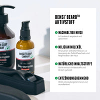 Brooklyn Soap Company Activator Bartserum in brauner Flasche mit Pumpspender; daneben Infotafel zu DENSI’ BEARD™-Wirkstoff mit Vorteilen wie Hirse, Milician, natürlichen Inhaltsstoffen und entzündungshemmender Wirkung.