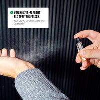 Hand sprüht Parfum aus kleinem Flakon. Düfte von holzig-elegant bis spritzig frisch – mit Charakter.