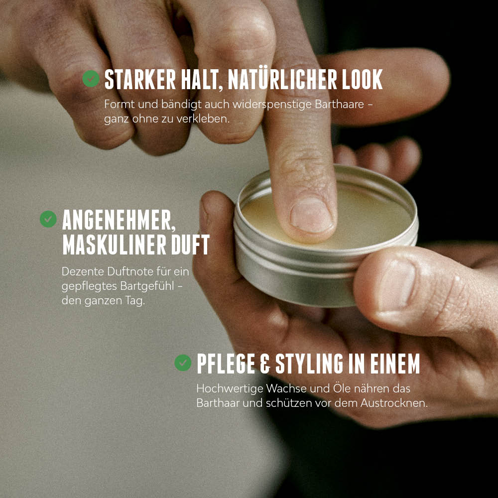 Finger fährt durch Bartwachs in der Dose, daneben Text zu Halt, Duft und Pflegewirkung.