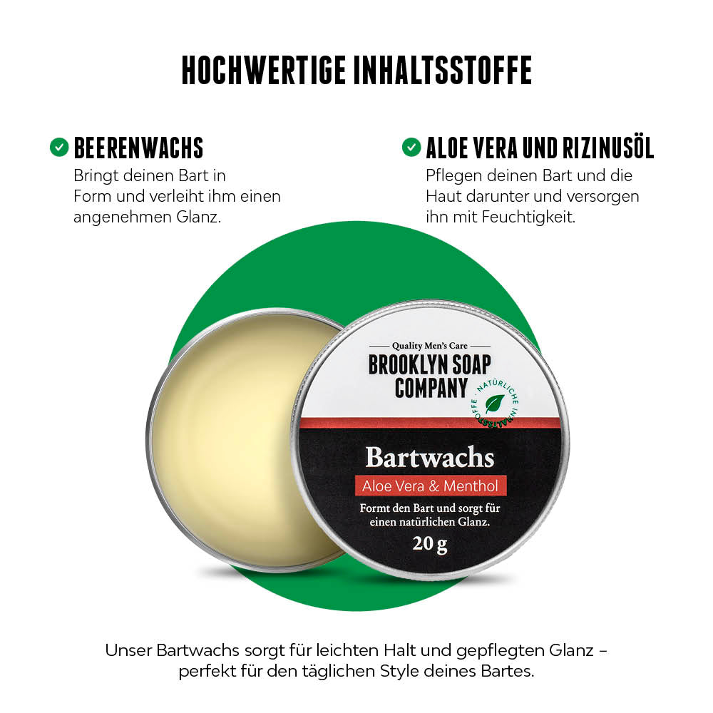 Bartwachs-Dose vor grünem Hintergrund mit Hervorhebung der Inhaltsstoffe Beerenwachs, Aloe Vera und Rizinusöl.