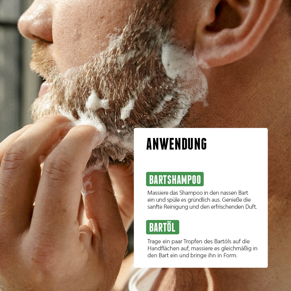 Nahaufnahme eines Mannes, der Bartshampoo in seinen Bart einmassiert; daneben Anwendungsschritte für Bartshampoo und Bartöl.
