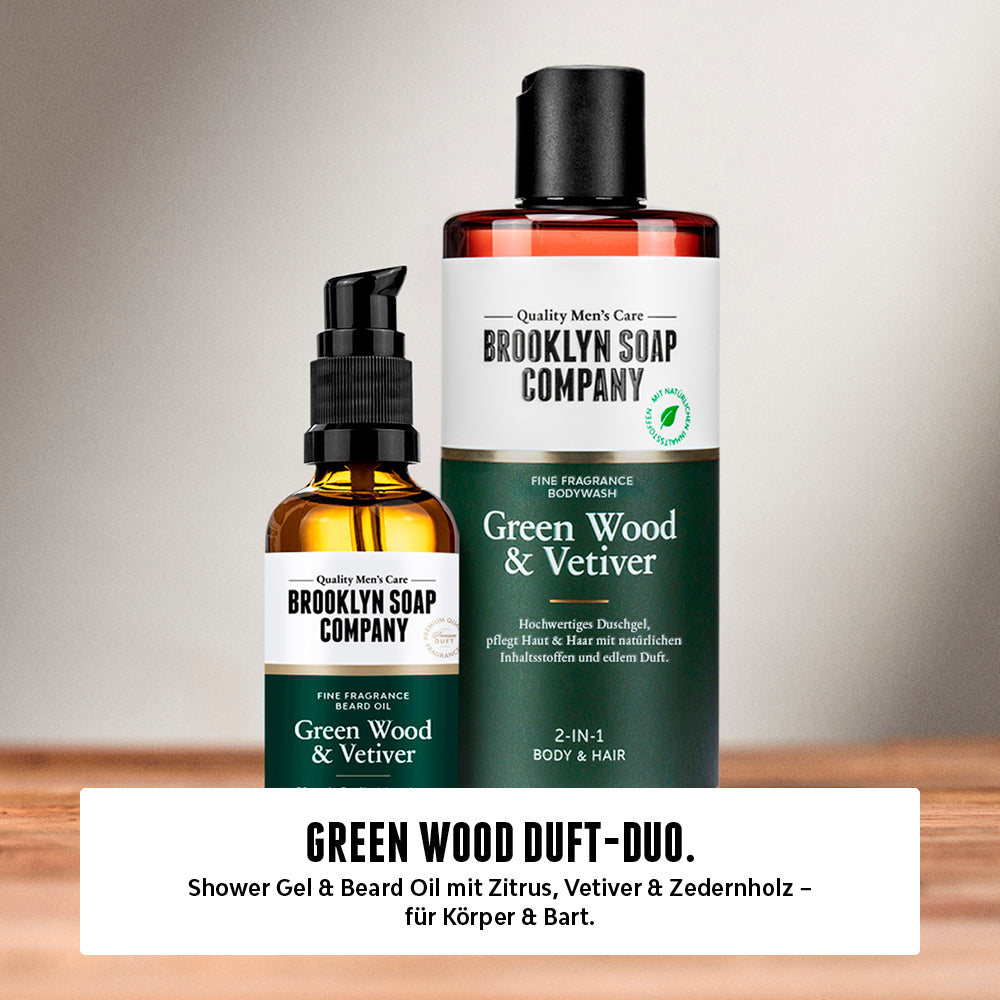 Green Wood Duft-Duo von Brooklyn Soap – Bartöl und Duschgel mit Zitrus, Vetiver und Zedernholz auf hellem Hintergrund nebeneinander präsentiert.
