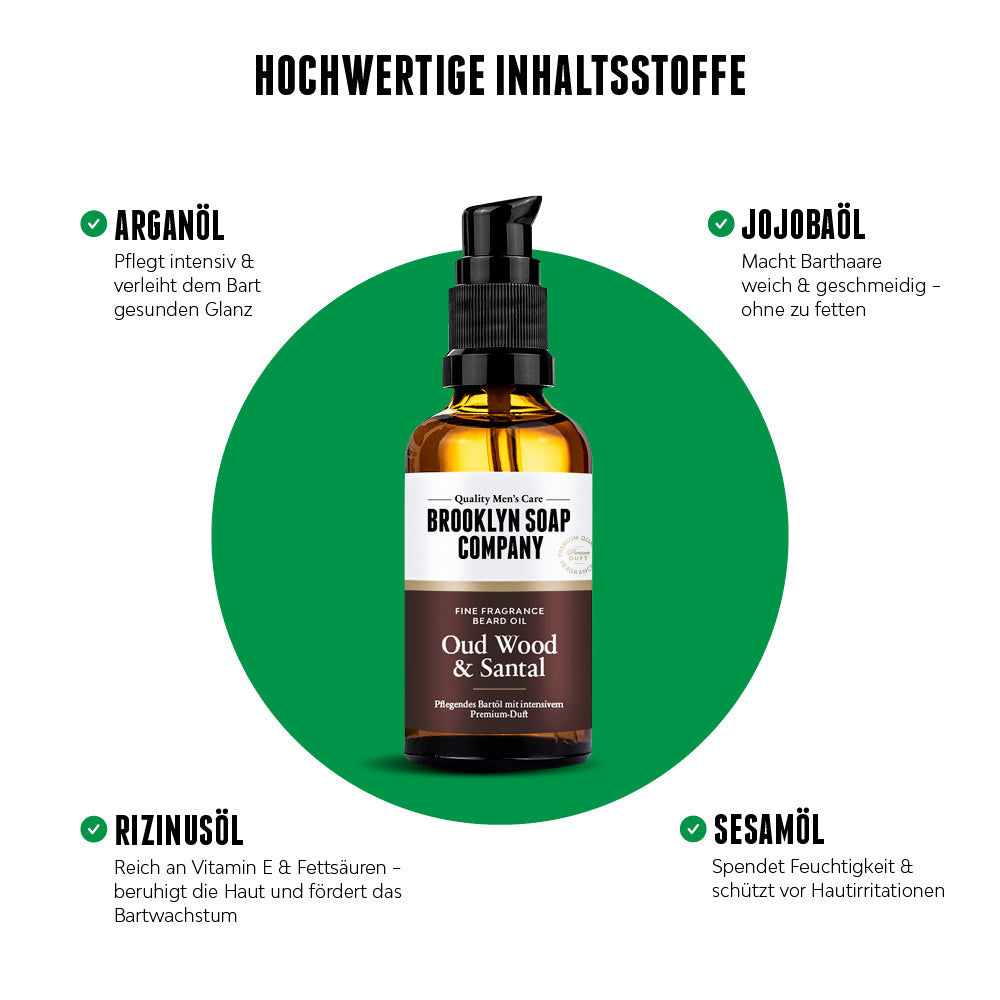 Brooklyn Soap Bartöl Blue Amber & Cedar in der Mitte, umgeben von Icons zu hochwertigen Inhaltsstoffen: Arganöl, Jojobaöl, Rizinusöl und Sesamöl – jeweils mit kurzer Wirkungserklärung.