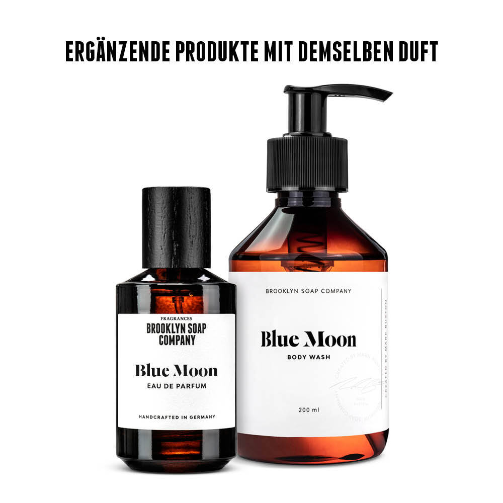 Blue Moon Eau de Parfum und Blue Moon Body Wash für Männer von der Brooklyn Soap Company – perfekt aufeinander abgestimmter Duft für den ganzen Körper. 