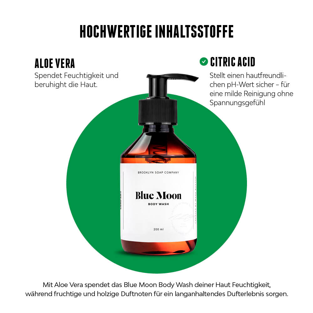 Produktdarstellung des Blue Moon Body Wash mit erklärenden Infos zu den hochwertigen Inhaltsstoffen Aloe Vera und Sodium Laureth Sulfate auf grünem Hintergrund.