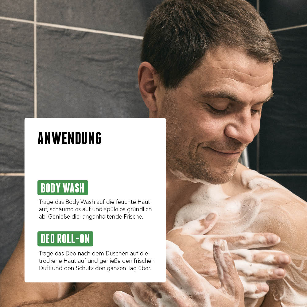 Mann beim Einseifen unter der Dusche, daneben Anwendungstipps für Body Wash und Deo Roll-On.