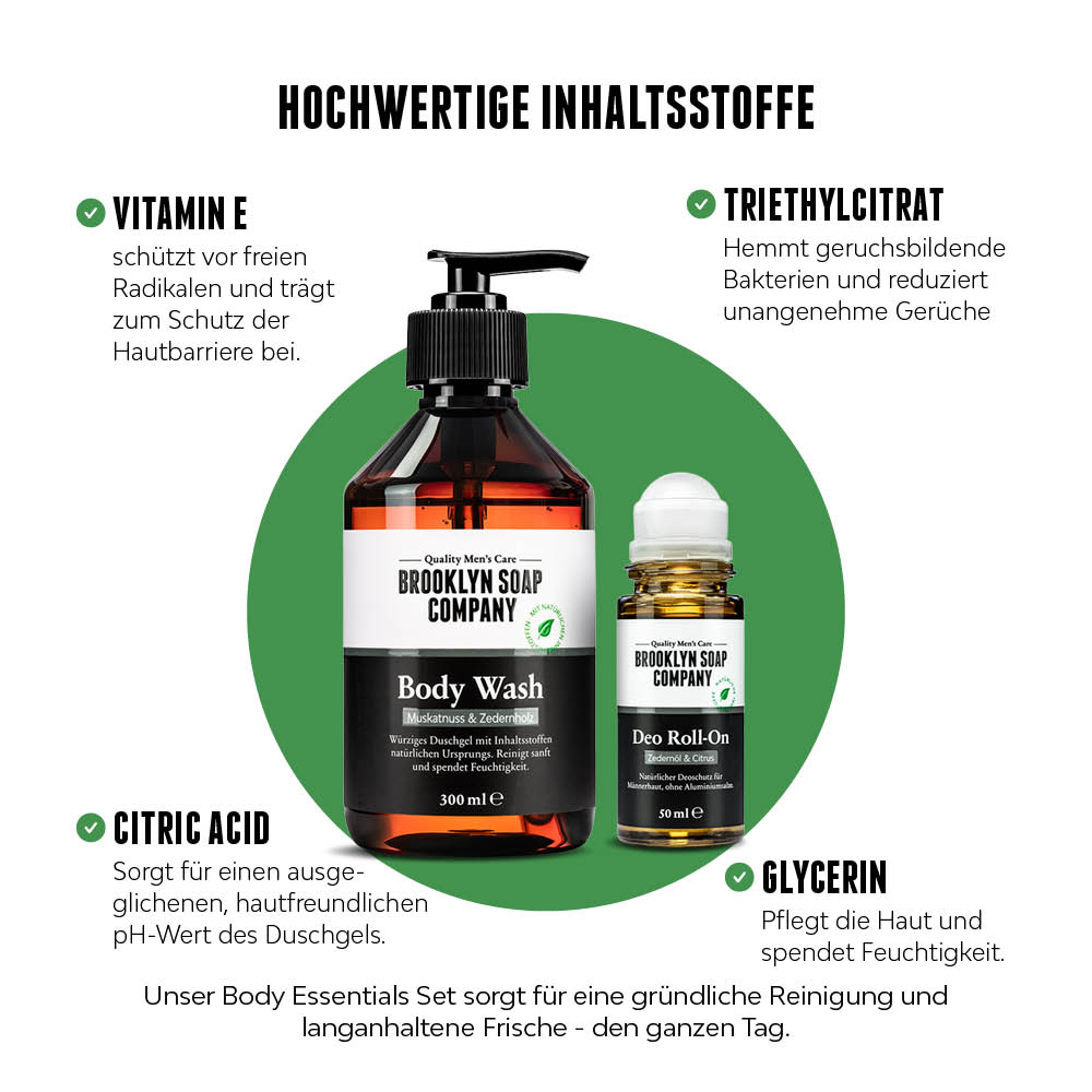 Body Wash und Deo Roll-On vor grünem Hintergrund mit Highlights zu Vitamin E, Citric Acid, Triethylcitrat und Glycerin.