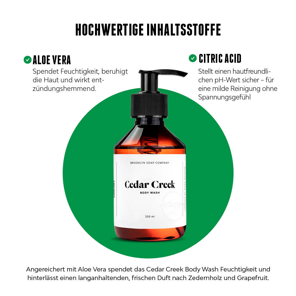 Cedar Creek Body Wash mit Fokus auf Inhaltsstoffe Aloe Vera und Citric Acid auf grünem Hintergrund.