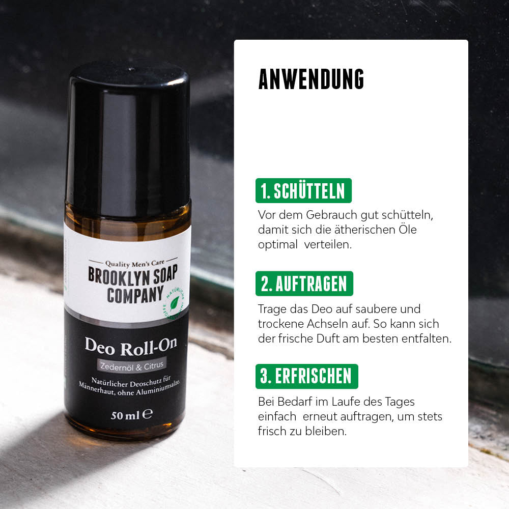 Das Deo für Männer von der Brooklyn Soap Company bietet natürlichen Schutz und lässt sich ganz einfach anwenden: Einfach auftragen gegen unangenehmen Körpergeruch bei Männern. [DE][AT]