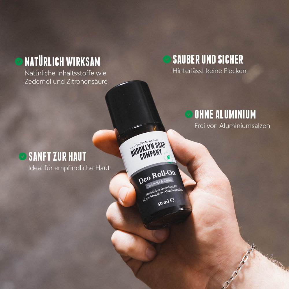 Der Brooklyn Soap Deo Roll-On von der Brooklyn Soap Company ist aluminiumfrei, sanft zur Hand, natürlich wirksam und hinterlässt keine Flecken. Es ist selbst für Männer mit empfindlicher Haut geeignet. [DE][AT]