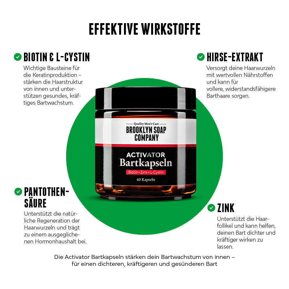 Nahrungsergänzungsmittel für einen dichteren, gesünderen Bart dank effektiver Wirkstoffe wie Biotin, L-Cystin, Pantothensäure, Zink und Hirse-Extrakt. //*