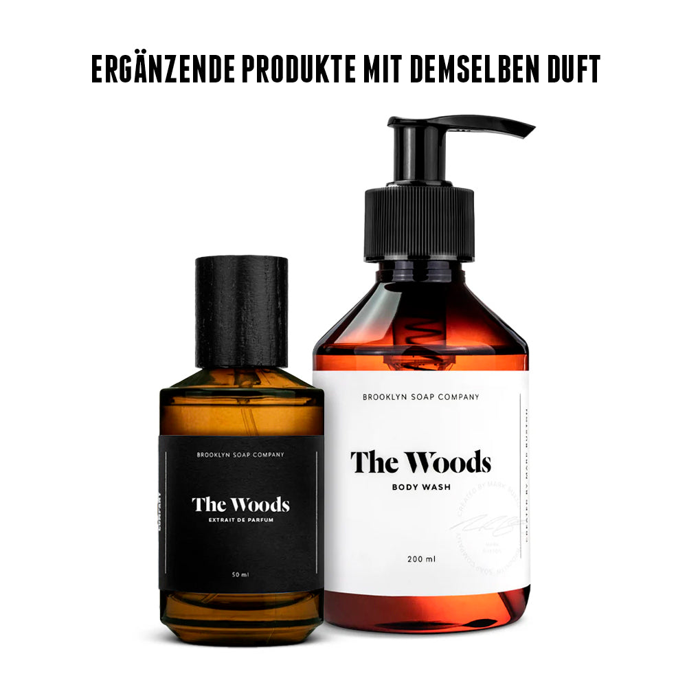 The Woods Extrait de Parfum und The Woods Body Wash von der Brooklyn Soap Company für Männer, perfekt aufeinander abgestimmte Produkte mit demselben markanten, holzig-aromatischen Duft für ein durchgängiges Dufterlebnis von der Dusche bis zum Parfum.
 [DE][AT]