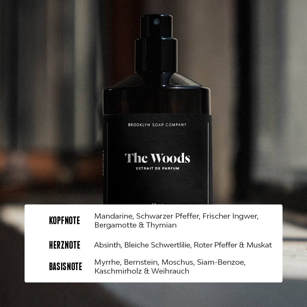 The Woods Extrait de Parfum von der Brooklyn Soap Company mit vielschichtiger Duftkomposition für Männer: frische Kopfnote mit Mandarine, schwarzem Pfeffer und Bergamotte, gefolgt von aromatischer Herznote mit Absinth und rotem Pfeffer sowie einer holzig-würzigen Basisnote aus Kaschmirholz, Myrrhe und Weihrauch.  [DE][AT]