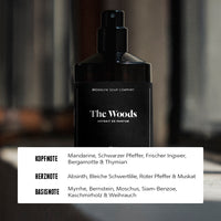 The Woods Extrait de Parfum von der Brooklyn Soap Company mit vielschichtiger Duftkomposition für Männer: frische Kopfnote mit Mandarine, schwarzem Pfeffer und Bergamotte, gefolgt von aromatischer Herznote mit Absinth und rotem Pfeffer sowie einer holzig-würzigen Basisnote aus Kaschmirholz, Myrrhe und Weihrauch.  [DE][AT]