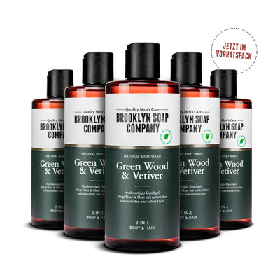 Green Wood & Vetiver Body Wash von der Brooklyn Soap Company im praktischen Vorratspack. Hochwertiges 2-in-1 Duschgel für Haut und Haar mit natürlichen Inhaltsstoffen und langanhaltendem, aromatisch-holzigem Duft.[DE] [AT]