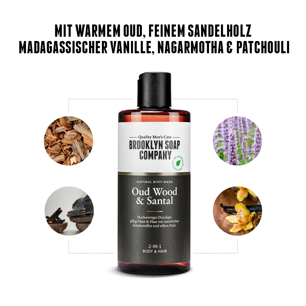 Oud Wood & Santal Body Wash von der Brooklyn Soap Company mit edlen Duftnoten von warmem Oud, feinem Sandelholz, madagassischer Vanille, Nagarmotha und Patchouli. Hochwertiges Duschgel für Haut und Haare mit natürlichen Inhaltsstoffen und luxuriösem Duftprofil. [DE] [AT] [EU] 