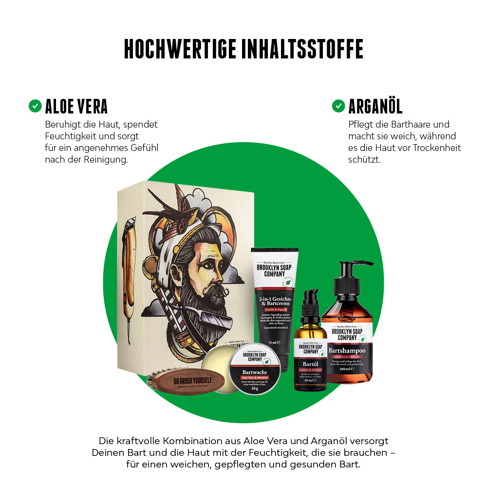 Die Produkte aus der Ultimate Beard Box enthalten hochwertige, natürliche Inhaltsstoffe wie Aloe Vera und Arganöl für weiche, gepflegte Bartaare. //*