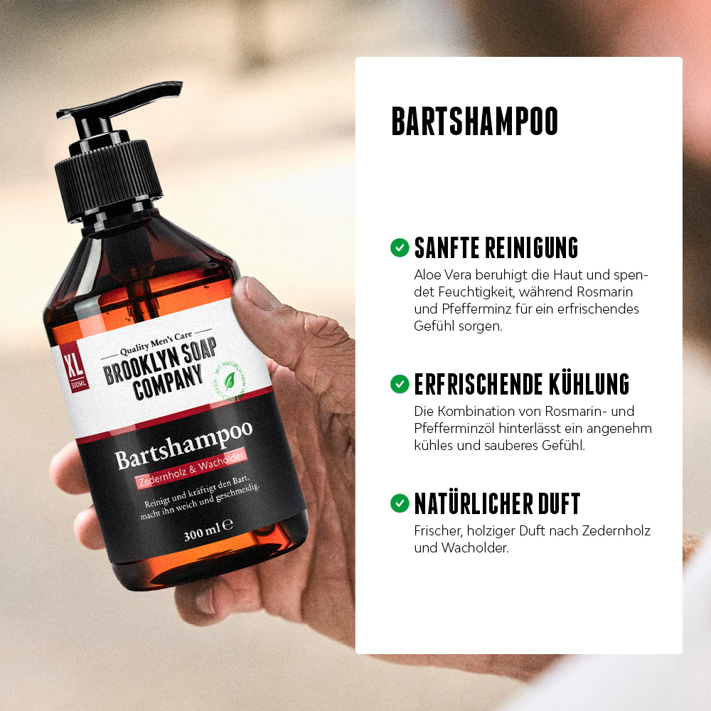 Das Bartshampoo aus der Ultimate Beard Box reinigt sanft, erfrischt den Bart und hat einen natürlichen Duft nach Zedernholz und Wacholder.  [DE] [AT]