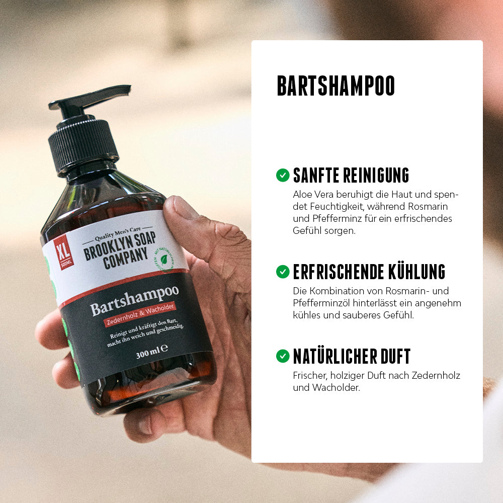 Das Bartshampoo aus der Ultimate Beard Box reinigt sanft, erfrischt den Bart und hat einen natürlichen Duft nach Zedernholz und Wacholder. //*