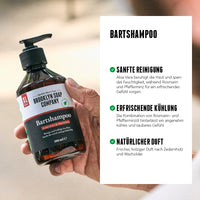 Das Bartshampoo aus der Ultimate Beard Box reinigt sanft, erfrischt den Bart und hat einen natürlichen Duft nach Zedernholz und Wacholder. 